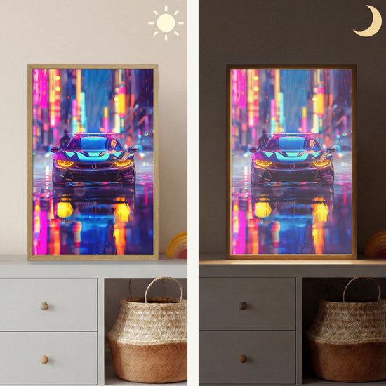 Nachtlampje 40x60 cm - Kinder lamp - Auto - Politie - Stad - Jongens - Kleurrijk - Tafellamp kinderkamer draadloos - Slaapkamer lampje - Bedlamp kinderen - Kinderlampje - Wandlamp babykamer - Nachtlampjes van Merkloos — afbeelding 4