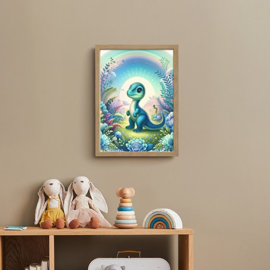 Nachtlampje 30x40 cm - Kinder lamp - Dino - Blauw - Regenboog - Dinosaurus - Baby - Tafellamp kinderkamer draadloos - Slaapkamer lampje - Bedlamp kinderen - Kinderlampje - Wandlamp babykamer - Nachtlampjes van OnlyWow — afbeelding 3