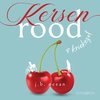 Boekomslag met 'Kersenrood & kriekezot' in sierlijke letters, twee rode kersen met silhouettes van een fietser en een honduitlater.