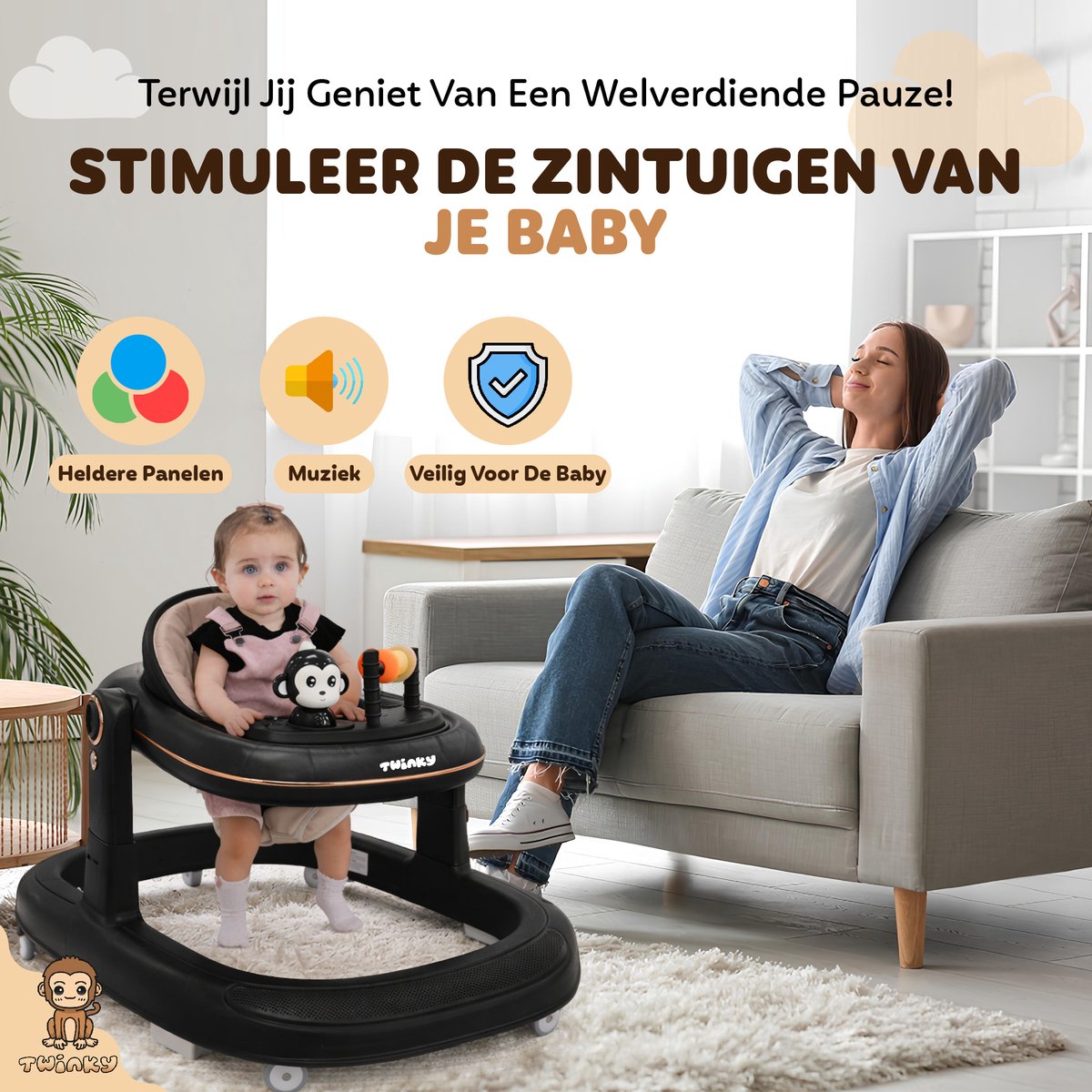 Twinky® Babywalker GO - 4-in-1 Loopstoel Baby & Loopwagen met 3-delige speelset – Loopstoeltje & Loopkar Inklapbaar inclusief Voetenmat en Steel – foto 8
