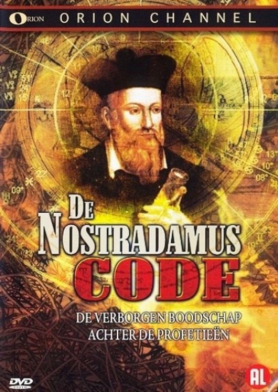DVD hoes met een portret van Nostradamus, met de tekst 'De Nostradamus Code' en 'De Verborgen Boodschap Achter de Profetieën'.
