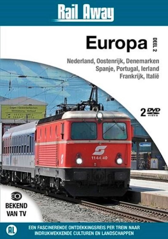 Rail Away - Europa deel 2 DVD: rode trein met zilveren wagons op het spoor, landschap met bergen.