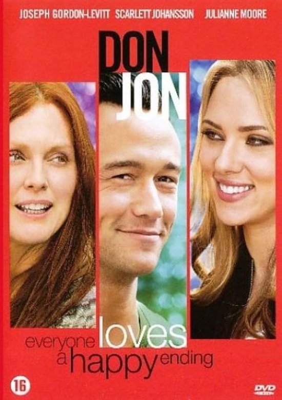 DVD-hoes van de film Don Jon met de acteurs Julianne Moore, Joseph Gordon-Levitt en Scarlett Johansson. "everyone loves a happy ending".