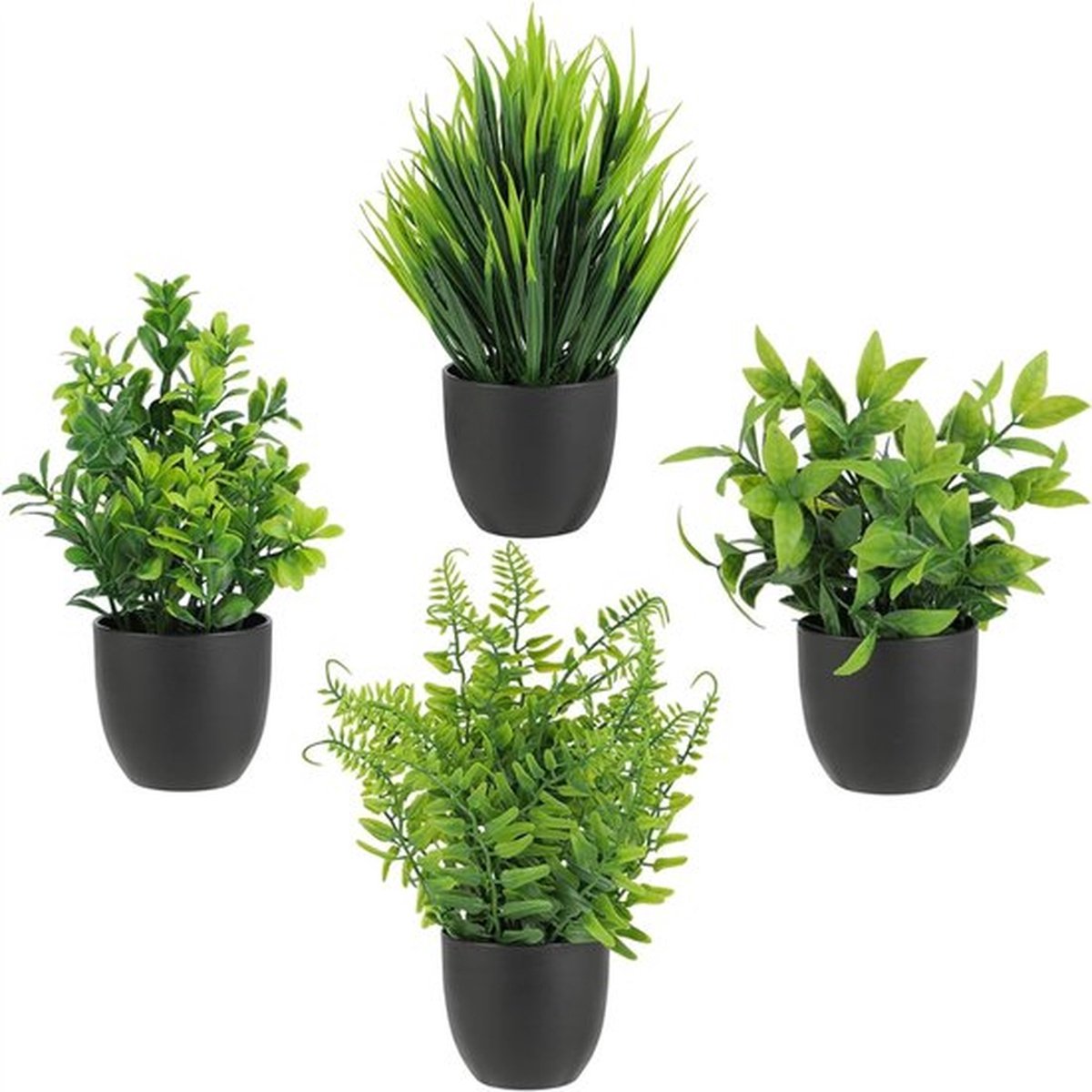 Set van 4 kunstplanten in potten, net als echte planten, kleine nep-plantjes voor binnendecoratie, geschikt voor woonkamer, badkamer, kantoor en tafeldecoratie, Zwart