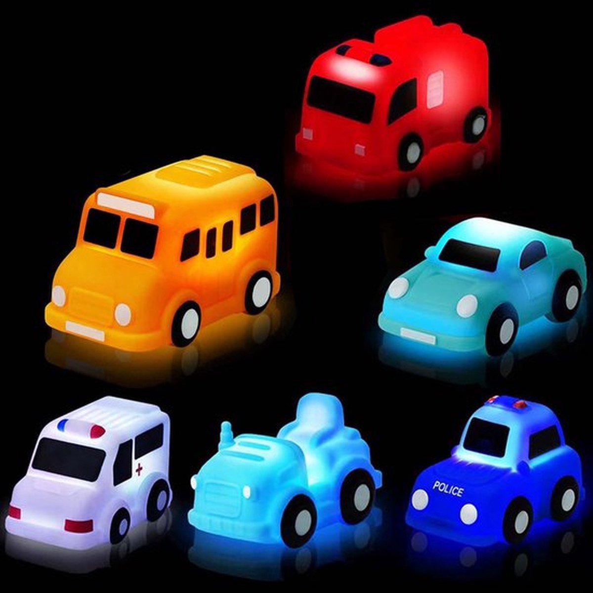 6 stuks Badspeelgoed Autos met Licht - Zonder Gaatjes - LED Badspeelgoed voor Kinderen - Verlichtend Waterspeelgoed - Baby Sensorisch Speelgoed - Stijl 1