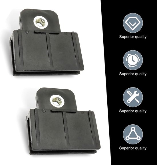 Twee zwarte kunststof clips met schroefdraadgat, naast vier iconen met "Superior quality".