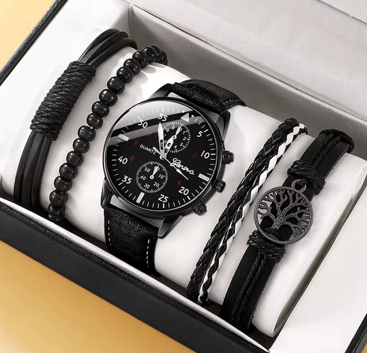 DRX - HerenHorloge - Polshorloge - Heren - Cadeau - Horloge - Armbanden - Mannen Sieraden - Zwart Leer - Polsband