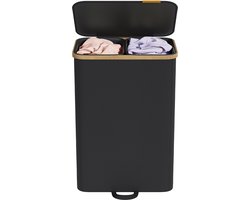 SONGMICS - Wasmand - Wasmand met Deksel - 2 Compartimenten - Uitneembare Waszak - 150 Liter Capaciteit