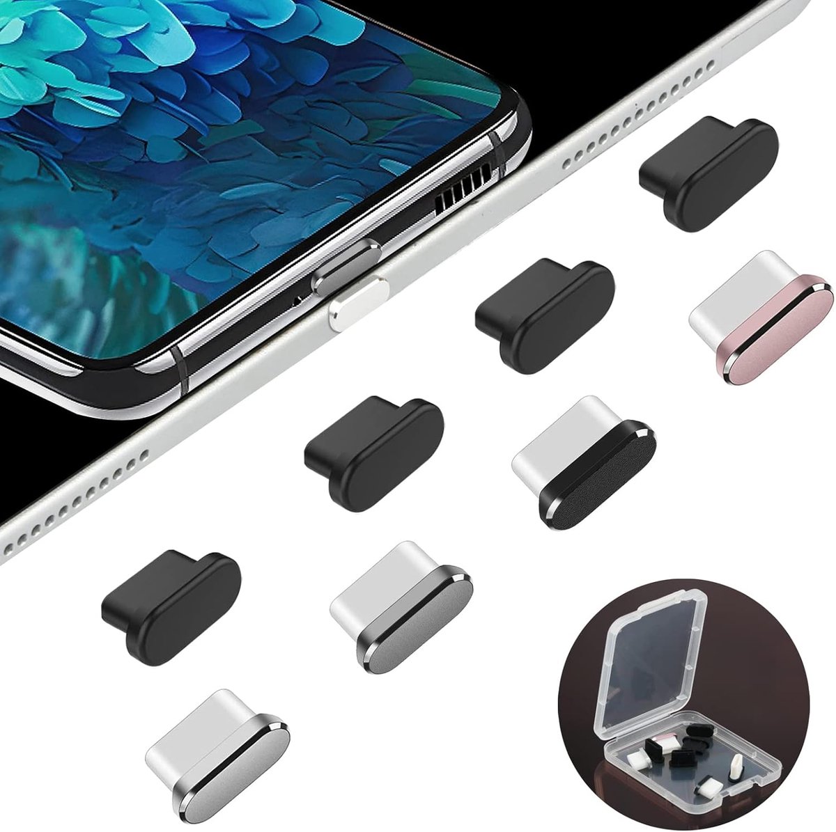 8 USB C Stofbescherming - 4 Aluminium + 4 Siliconen Type C Beschermhoezen - Compatibel met iPhone 15 16 - Samsung Galaxy S23 - Xiaomi Note 11 Pro - OnePlus - Huawei Mate 60 - Zwart - Zilver - Grijs