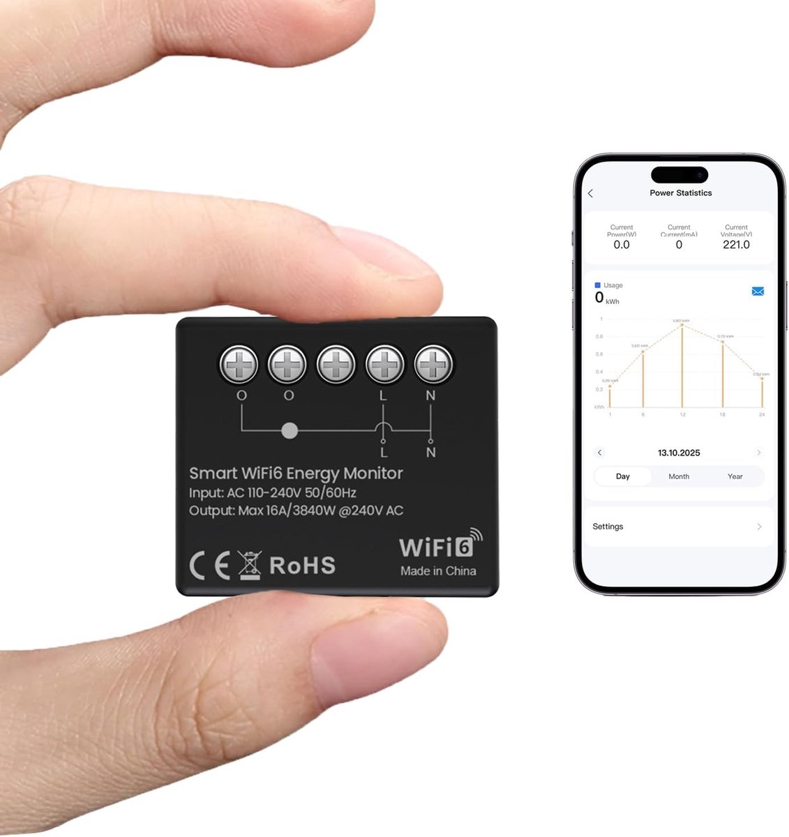 Slimme Energiemeter - Stroomverbruik Monitor - Energie Besparen - Real-time WiFi6 Bewaking - Mini Formaat - Zwart