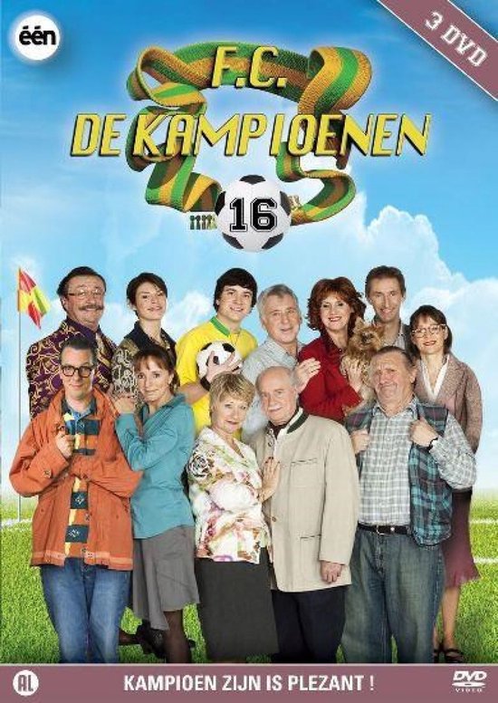 DVD-hoes met de cast van FC De Kampioenen, met het logo 'F.C. DE KAMPIOENEN 16'.