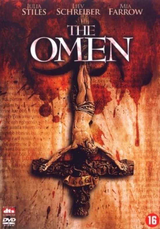 Filmcover 'The Omen' met een ondersteboven hangende figuur aan een kruis.