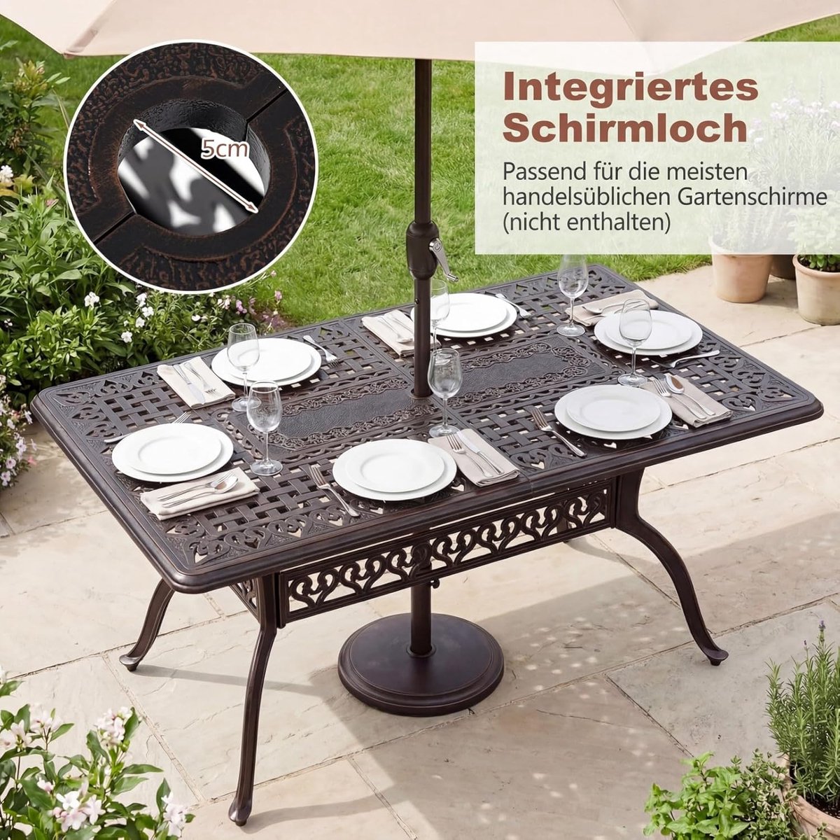 Tuintafel 150 x 90 cm – Weerbestendige Rechthoekige Eettafel voor 6 Personen met Parasolgat – Aluminium Terrastafel voor Balkon, Tuin en Terras – Laura