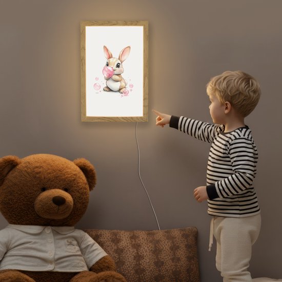 Nachtlampje 20x30 cm - Kinder lamp - Konijn - Roze - Bellen - Tafellamp kinderkamer - Slaapkamer lamp - Bedlamp kinderen - Kinderlampje stopcontact - Wandlamp babykamer - Nachtlampjes van Merkloos — afbeelding 5
