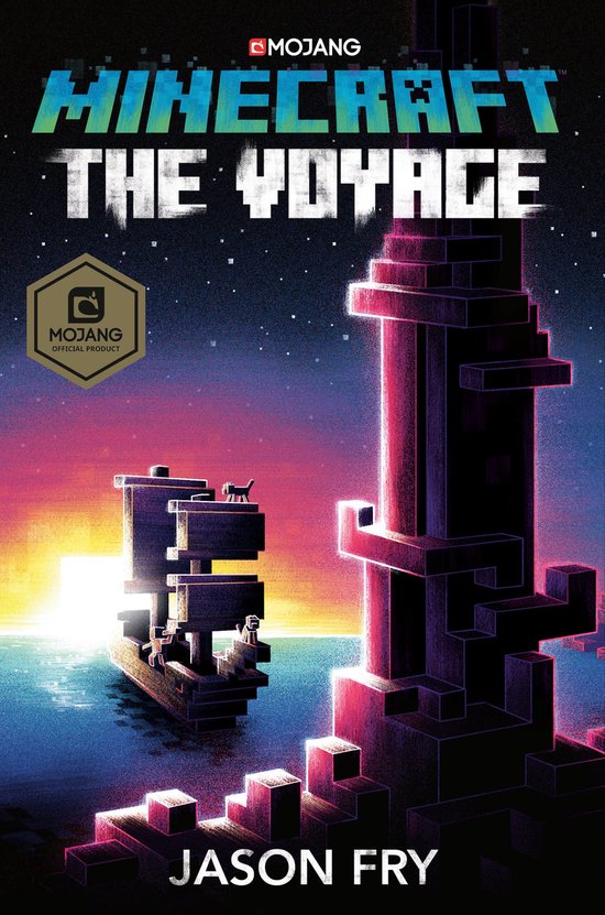 Boekomslag van 'Minecraft The Voyage'. Pixelachtige schepen op water bij zonsopgang. Met "MOJANG" en "JASON FRY".