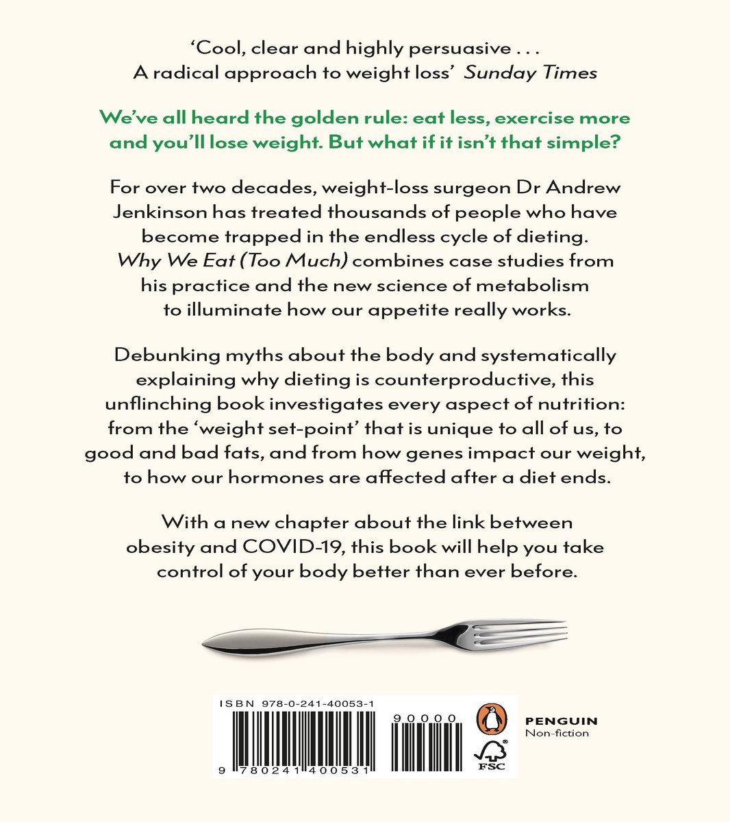 Achterkant van het boek "Why We Eat (Too Much)", met ISBN en Penguin-logo. Toont een vork.
