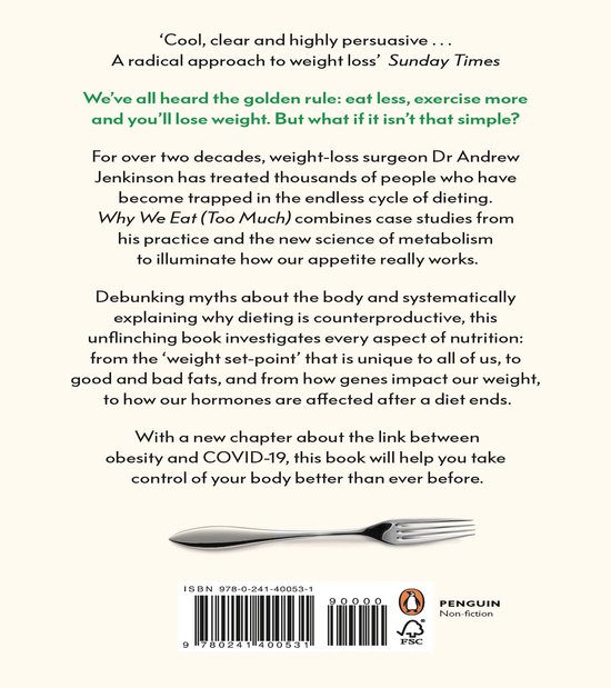Achterkant van het boek "Why We Eat (Too Much)", met ISBN en Penguin-logo. Toont een vork.