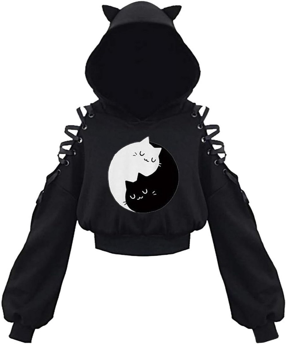 Off Shoulder Hoodie Dames met Kitty Oortjes en Lintjes - Korte Sweatshirt Trui