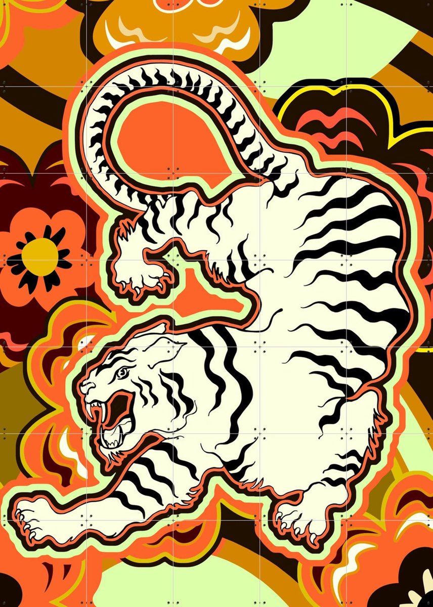IXXI White Tiger Japanese Flowers Ochre Orange, Marylène Madou - 100 x 140 cm - Gratis ophangtool - Grote wanddecoratie en posters - Illustraties