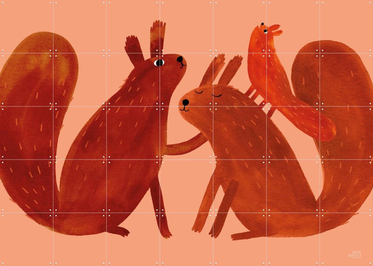 IXXI Squirrel Family, Aniek Bartels - 140 x 100 cm - Gratis ophangtool - Grote wanddecoratie en posters - Kleurrijk, Fantasierijk, Cartoonesk