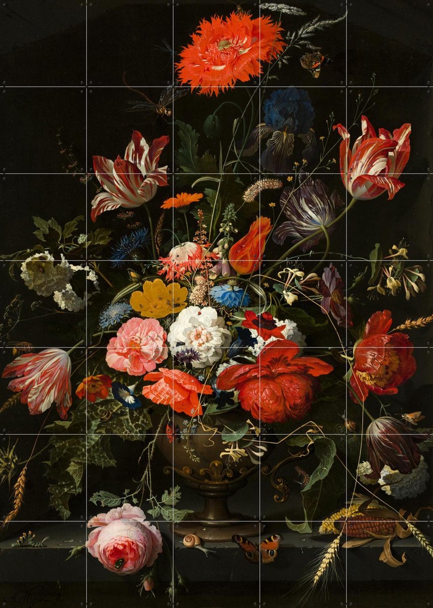 IXXI Bloemen in een metalen vaas, Abraham Mignon & Mauritshuis - 100 x 140 cm - Gratis ophangtool - Grote wanddecoratie en posters - Olieverf