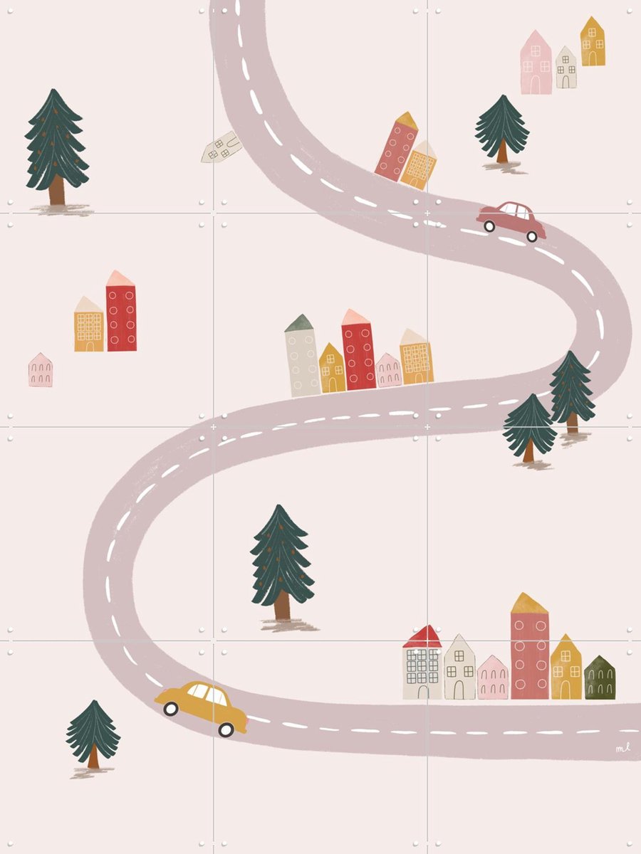 IXXI Pink Village, Menina Lisboa & Various - 60 x 80 cm - Gratis ophangtool - Grote wanddecoratie en posters - Fantasierijk, Speels, Illustraties
