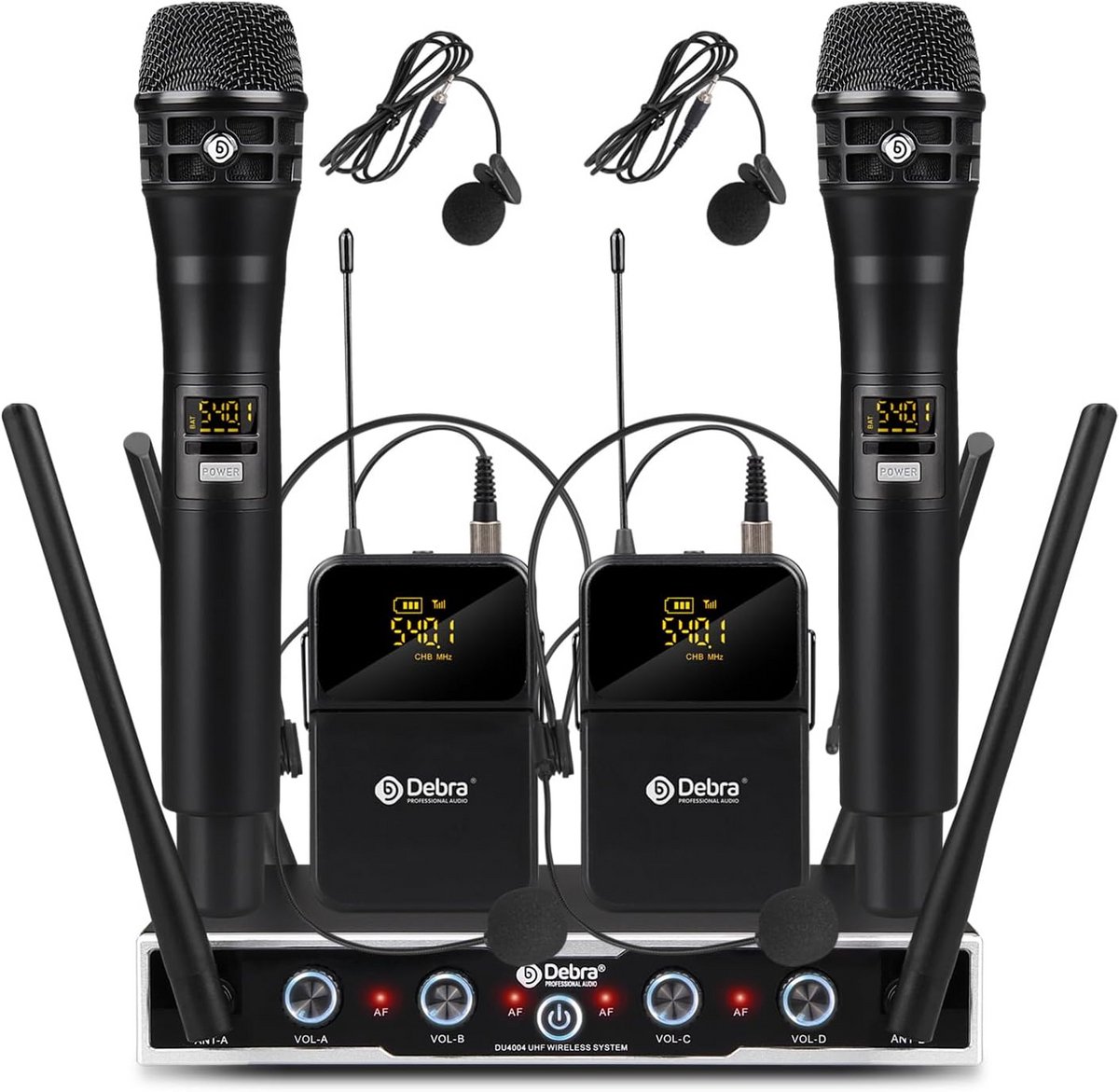 UHF Draadloos Microfoonsysteem met 4 Kanalen: Headset, Lavalier en Handmicrofoon