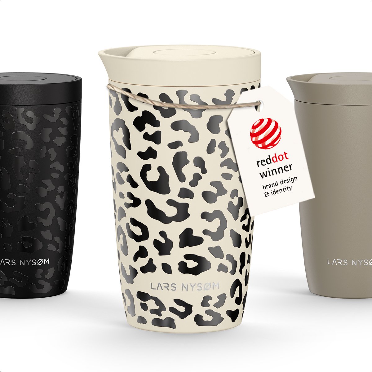 LARS NYSØM Vågen Thermos Koffiebeker To Go 350ml - Travel Mug met Isolatie - Quick-Press Deksel - Lekvrije RVS Thermobeker voor Koffie en Thee Onderweg (Almond Beige/Leopard/Gloss Black)