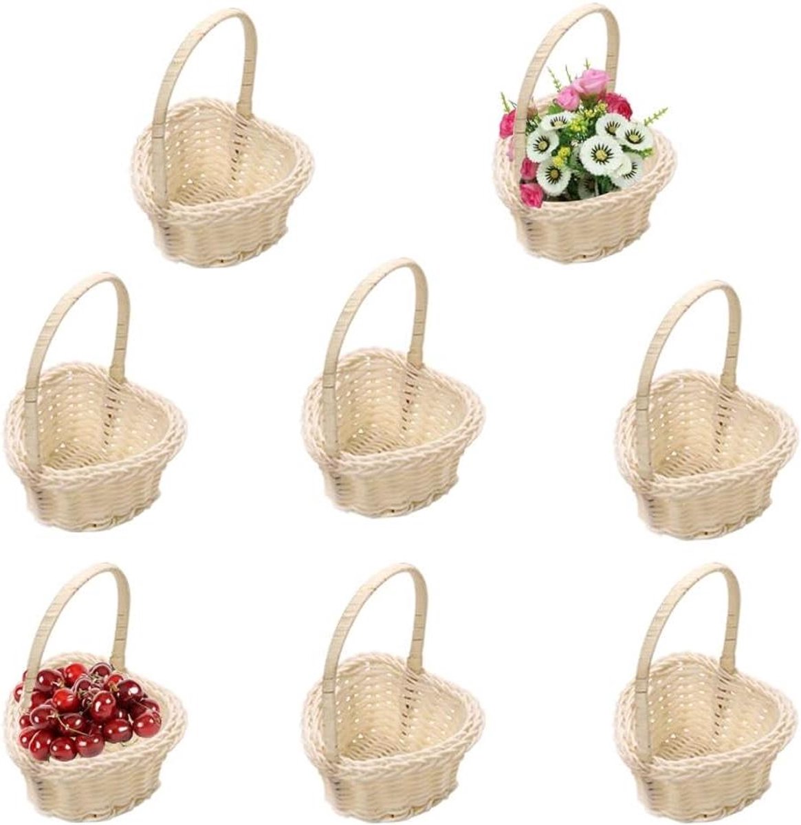 Kleine mand met handvat, rieten fruitmand voor decoratie, 8 stuks.