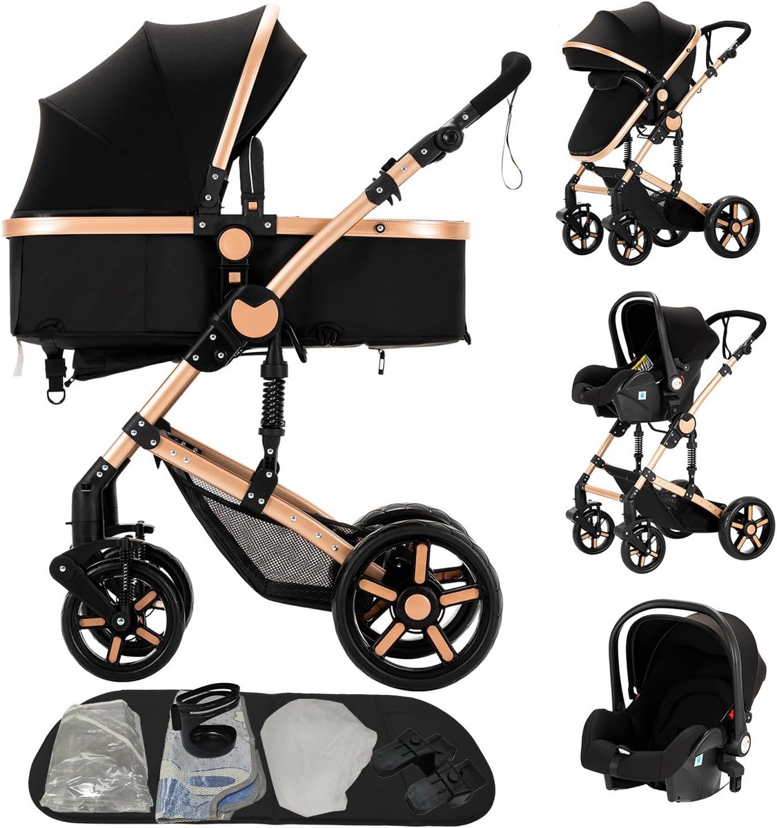 3-in-1 Baby Kinderwagen Trio Set met Verstelbare Rugleuning en Omkeerbare Duwrichting