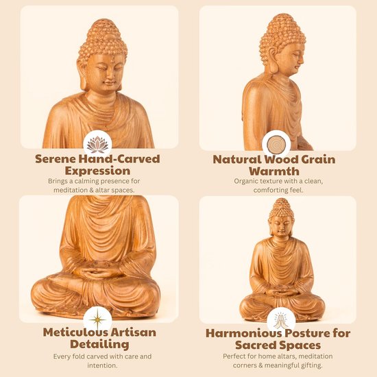 Houten Boeddhabeeld voor Zen Interieur en Meditatie - Vredige Decoratie voor Thuis van houten — afbeelding 4