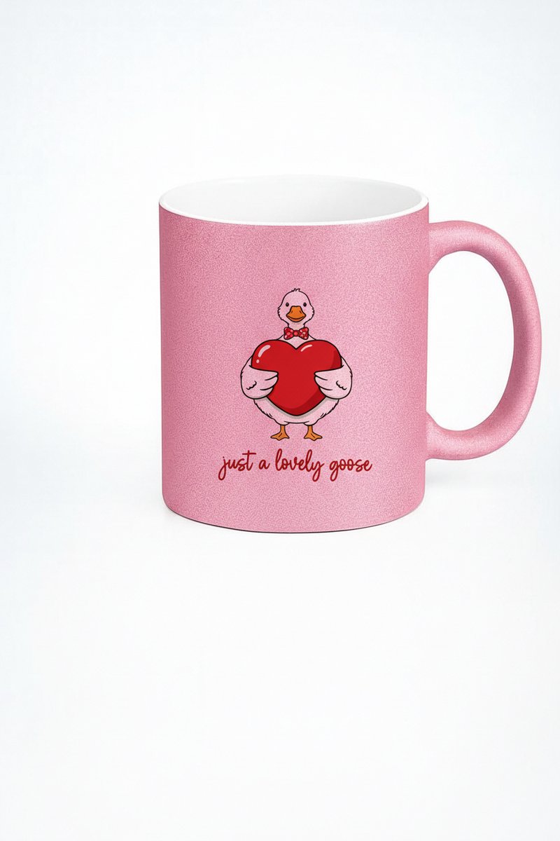 Roze Glitter Mok met Lieve Gans & Hart - 'Just a Lovely Goose' - Valentijn Cadeau Beker