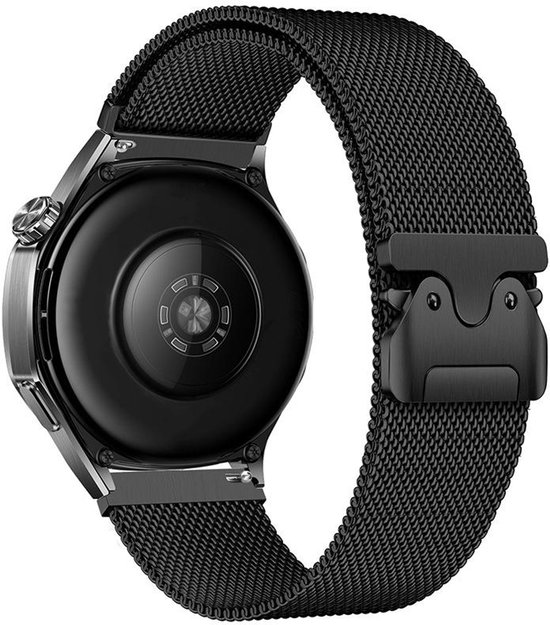 Zwart Milanese bandje bevestigd aan een smartwatch.