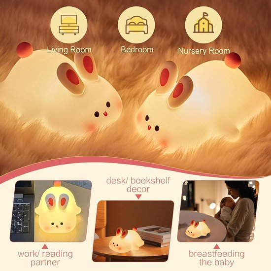 Squishy Konijnen Nachtlampje - Schattige LED Konijn Lamp - Dimbare Oplaadbare Nachlicht - Voor Babykamer en Studentenkamer - Aanraakbediening van Merkloos — afbeelding 2