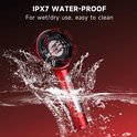 Rood IPX7 waterdicht hoofdhuid massageapparaat wordt ondergedompeld in water met spatten. "IPX7 WATER-PROOF"