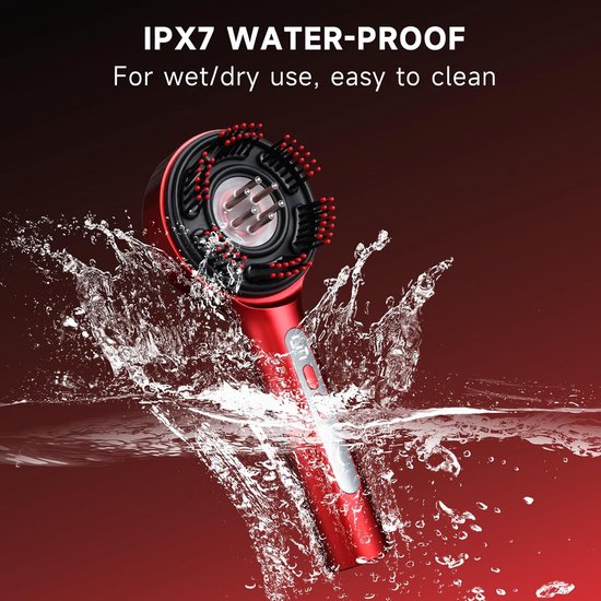 Rood IPX7 waterdicht hoofdhuid massageapparaat wordt ondergedompeld in water met spatten. "IPX7 WATER-PROOF"