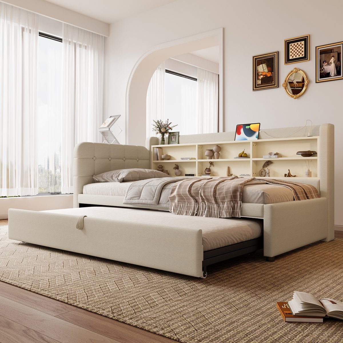 REDOM Bedbank – 90/180x200 cm – Met uitschuifbed, USB/Type-C & opbergvakken – Linnen – Beige