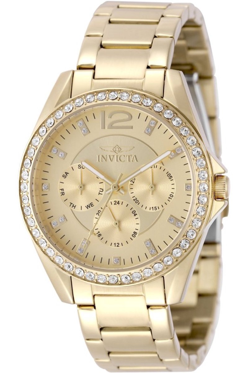 Invicta Angel 50109 Dames Horloge - Waterdicht - Analoog - Quartz Uurwerk - Roestvrij Staal met gouden Wijzerplaat - 38mm