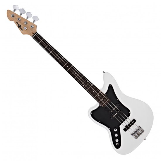 Witte basgitaar met zwarte slagplaat en vier zilverkleurige stemmechanieken.