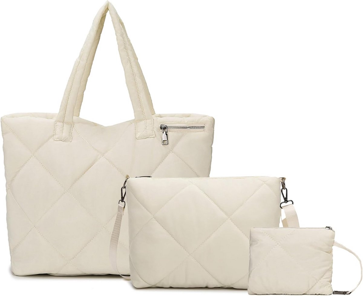 Gewatteerde Shopper Dames Handtas Set - 3 Delige Grote Lichtgewicht Schoudertas