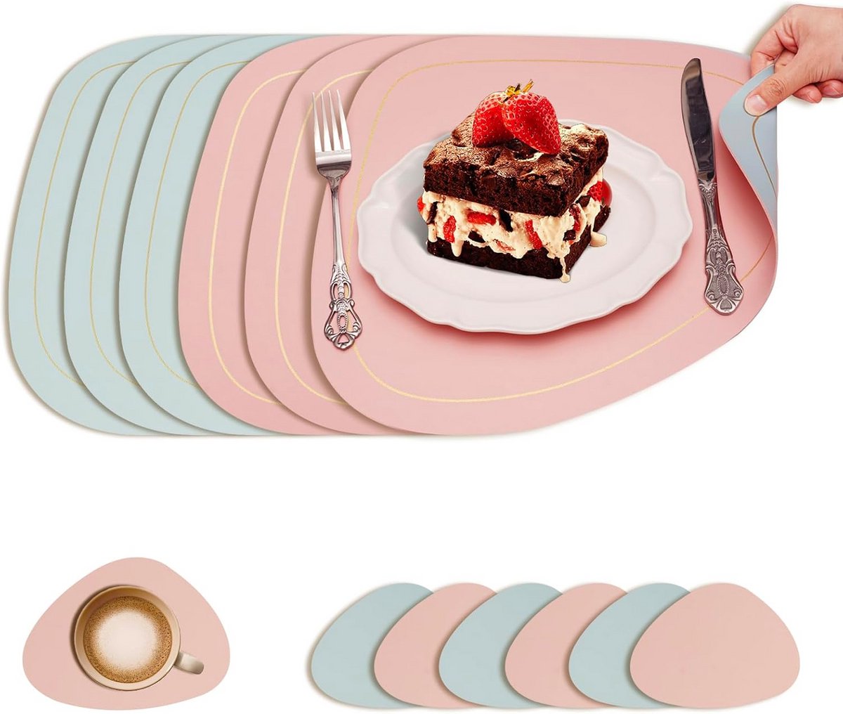 Set van 4 Dubbelzijdige, Ovalen Placemats met Antislip en Onderzetters