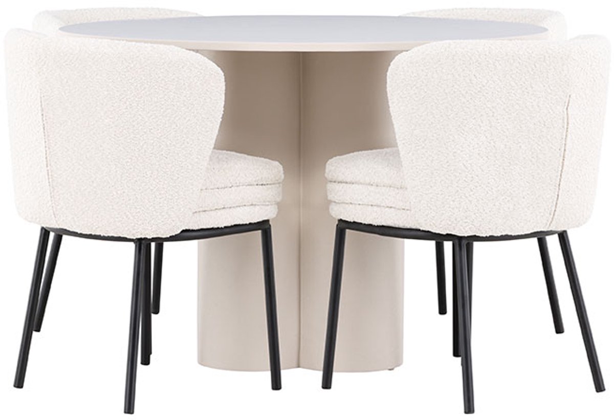 Olivia eethoek tafel Ø110cm en 4 bouclé stoelen beige.