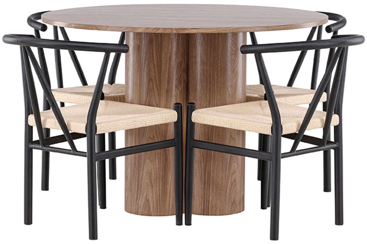 Olivia eethoek tafel Ø110cm en 4 stoelen met armleuningen stapelbaar bruin.