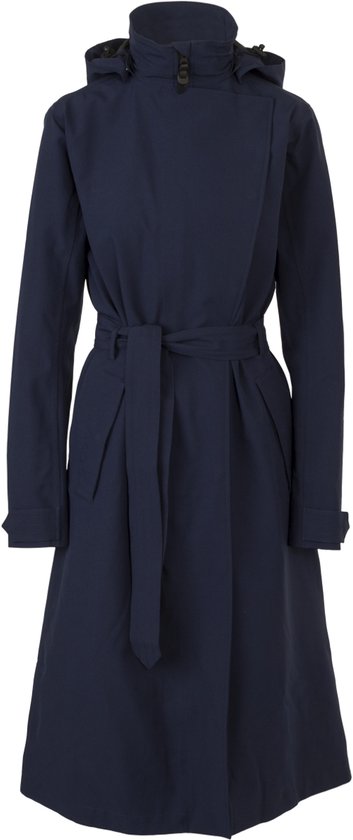 Long trench-coat bleu marine avec capuche, ceinture à la taille et manches longues.