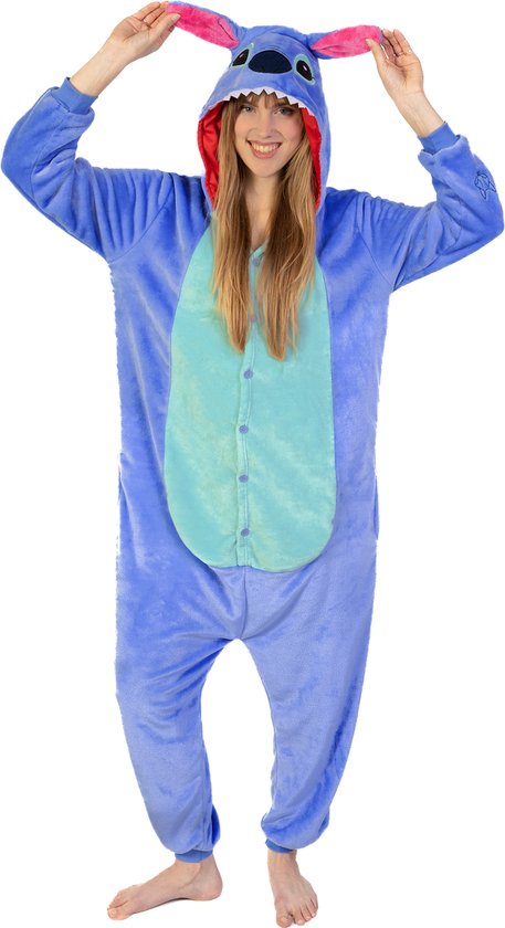 KIMU Onesie Stitch Pak - Maat M-L - Monster Jumpsuit Huispak Fleece Pyjama Volwassenen Dames Heren Blauw Monstertje Alien 170 176 Carnaval Carnavalspak