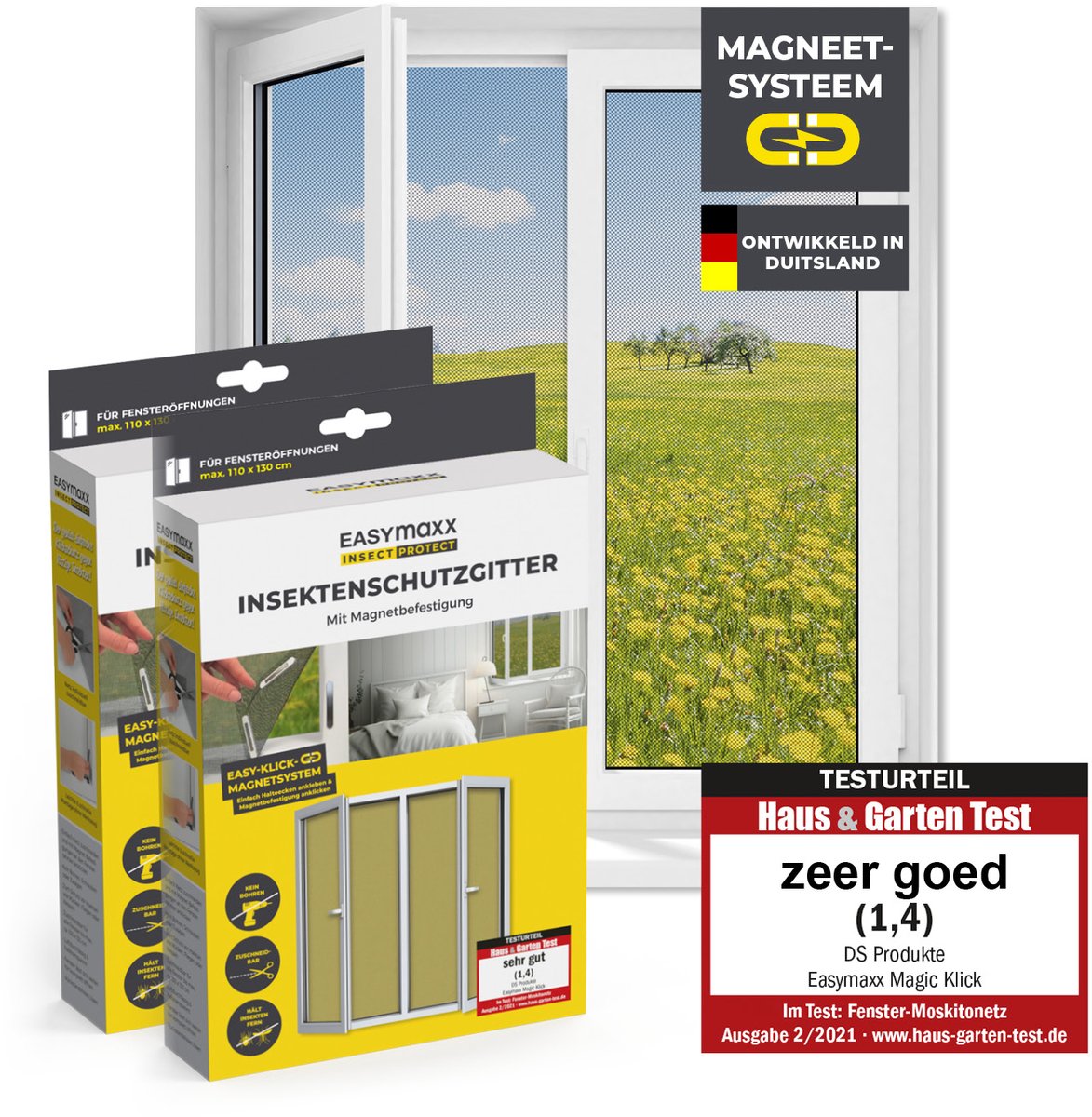 EASYmaxx Insect Protect Vliegengaas voor ramen met magnetische bevestiging, op maat te snijden muggennet, insectenbescherming voor ramen tot 110 x 130 cm, eenvoudige montage, zwart, 2 stuks