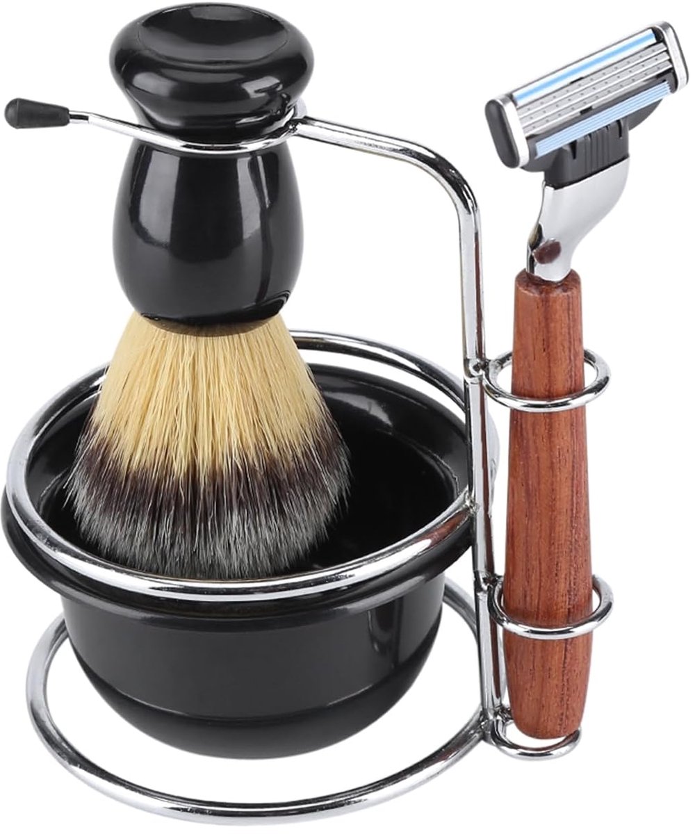 4-Delige Nat Scheerset – Handmatige Veiligheidsscheermes Met Haarborstel, Roestvrij Stalen Stand en Schuimkom – Premium Verzorgingsset voor Mannen & Cadeauset