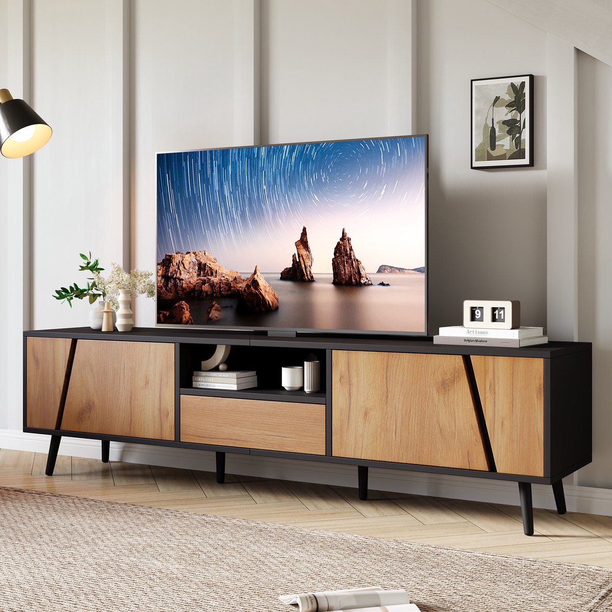 FloraGrace Tv Meubel - Greeploos Met 2 Deuren En Lade - Opbergen En Tv Plaatsen Voor Woonkamer - Spaanplaat Zwart En Naturel - 180x40x46 Cm