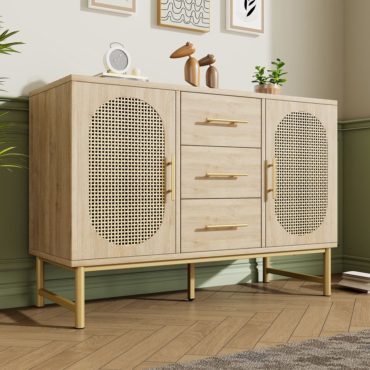 FloraGrace Dressoir - Rattanlook Met 2 Deuren En 3 Lades - Verstelbare Plank En Antikantel - Spaanplaat En Metaal Eikenkleur - 120x40x74 Cm