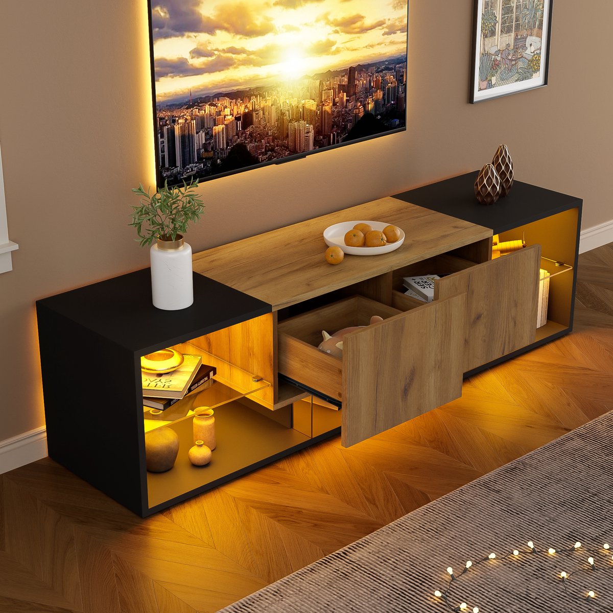 FloraGrace TV Meubel - Ledverlichting Met 2 Lades En Glazen Legplank - Voor Woonkamer En Slaapkamer - Spaanplaat - 160x40x42 Cm - Zwart En Naturel